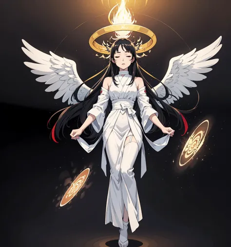 masterpiece, best quality, highres, intricate detail,  full body, 1girl, mature female,  pale skin, black hair, grey eyes, straight hair, very long hair, black hair, raised eyebrows,  white angel wings, large wings,  angel, healing goddess, white oversized clothes, praying, closed eyes, shiny, backlighting, rainbow gradient,  (aura:1.5), 
 <lora:add_detail:0.3>