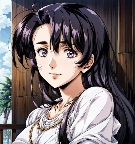 masterpiece, best quality, highres, intricate detail, 1girl, mature female, pale skin, black hair, grey eyes, ringed eyes, straight hair, very long hair, black hair, necklace, raised eyebrows, white oversized clothes, smile, blue sky, tree, from side,
tone mapping, high quality iris, high quality lips, high quality eyebrows, <lora:add_detail:0.5> <lora:urushihara_satoshi_v15:2> urushisato