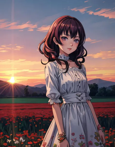 A woman in a vintage-inspired floral dress, her hair styled in loose waves, with a confident and radiant expression, open field, flower field, bloom, sunset, closed mouth, happy, anime screencap, flat color,
masterpiece, best quality, intricate detail, <lora:add_detail:0.8> skind