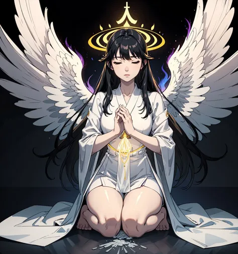 masterpiece, best quality, highres, intricate detail, full body, 1girl, mature female, pale skin, black hair, grey eyes, straight hair, very long hair, black hair, raised eyebrows, white angel wings, large wings, angel, healing goddess, white oversized clothes, praying, closed eyes, shiny, backlighting, rainbow gradient, (aura:1.5),
<lora:add_detail:0.3>