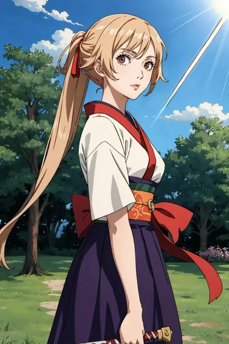 masterpiece, best quality,  <lora:mashiro-nvwls-v1-000009:0.8> mashiro, glasses, single hair bun, hair ornament, hair flower, black capelet, red coat, white kimono, sash, thighhighs, upper body, looking at viewer, furrowed brow, field, blue sky, bamboo