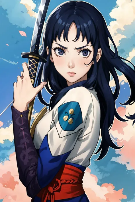 (best quality, masterpiece), 1girl, samurai, full body, furrowed brow, anime screencap, looking at viewer, anime, 2d, outline, motion lines, outdoors, wind, standing, floating hair, from side, dappled sunlight, holding sword, sheath,