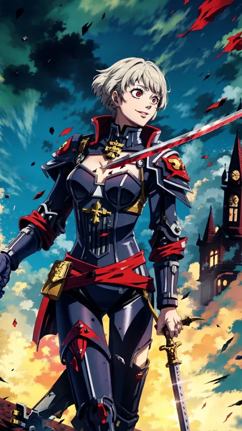 long hair, white hair, 1girl, (red loincloth:1.15), (scar, injury, debris, dust, battle damage:1.25), cleavage, BREAK, <lora:Adepta Sororitas, the Daughters of the Emperor - 40K:0.7> ADEPTA SORORITAS, (fleur de lis1.15:1.10), cape, (black power armor:1.15), BREAK, <lora:yameroyandere-v2:0.45> (yameroyandere, constricted pupils, yandere, crazy eyes, glowing eyes, crazy smile, :1.15), bloodlust, blood on clothes, blood on face, BREAK, outdoors, rainstorm, thunderstrike, lightning, BREAK, <lora:add_detail:0.4> <lora:torn:0.7> (torn clothes, cloth pieces:1.15), BREAK, bloodyface, blood, bleeding <lora:UnlimitedBladeWorks1.6:0.7> (holding sword, holding chainsword:1.15), masterpiece, best quality, extremely detailed, highly quality, 4k, sharp focus, professional, sharp focus, award winning, cinematic lighting, octane render, unreal engine, volumetrics dtx, Wallpaper,
