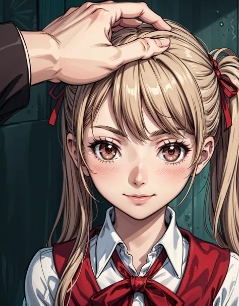 masterpiece, best quality, highres, intricate detail, 1girl, twintails, light brown hair, brown eyes, furrowed brow, school uniform, light smile, shy, blush, looking away, pov adoring, headpat,
high quality eyes, high quality iris, <lora:add_detail:1>