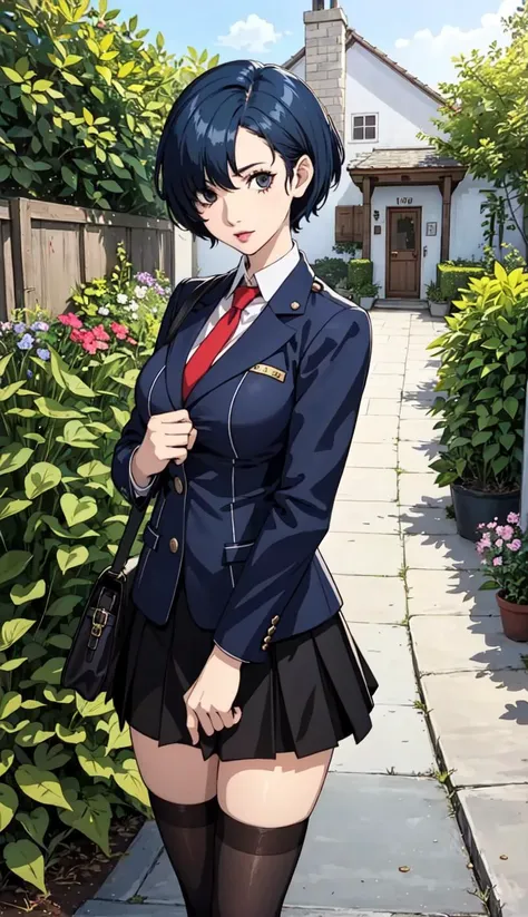 (best quality:1.2), (looking at viewer:1.5),hair over one eye, pixie cut, blue hair, medium breasts, 18 years old girl, school uniform, shuujin academy uniform, blazer, skirt, 1handbag, thighhighs, detailed face, half body, illustration, summer, garden,