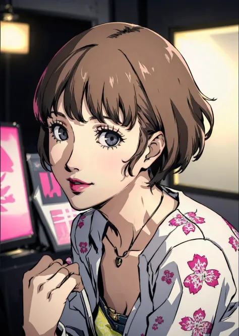 1girl, collarbone, short hair, looking at viewer, blurry foreground, necklace, contemporary, plain pants, ((intricate, print, pattern)), partially unbuttoned, light brown hair, grey eyes, denim shorts, thick lips, pink lips, ((curvy)), mature female, smile,
masterpiece, best quality, intricate detail