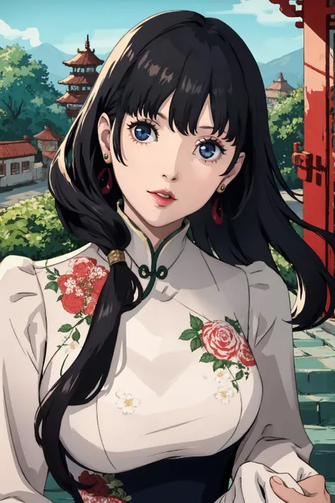 1girl, bangs, black hair, china dress, chinese clothes, dress, earrings, floral print, jewelry, lips, looking at viewer, print dress, solo, upper body, outdoors,  temple, stone stairs, head tilt, 
masterpiece, best quality,