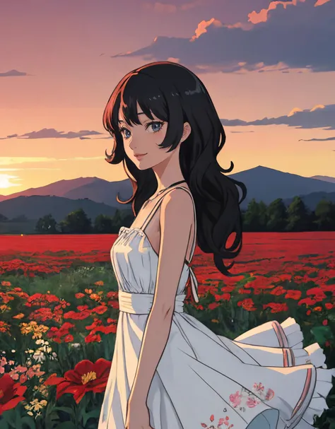 A woman in a vintage-inspired floral dress, her hair styled in loose waves, with a confident and radiant expression, open field, flower field, bloom, sunset, closed mouth, happy, anime screencap, flat color, 
masterpiece, best quality, intricate detail,    skind