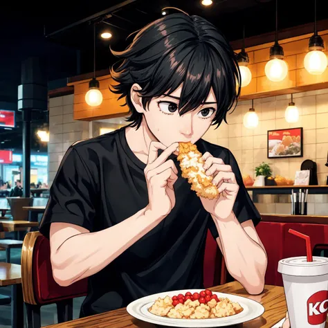 masterpiece, best quality, highres, intricate detail, bokeh, 1boy, (skinny:1.4), adult male, male focus, messy hair, medium hair, black hair, (veins:0.85), black shirt, loose shirt, untucked shirt, fast food restaurant, chicken leg, kfc, eating, sitting, table, face down, look down
black eyes, high quality eyes, high quality iris <lora:add_detail:0.75>