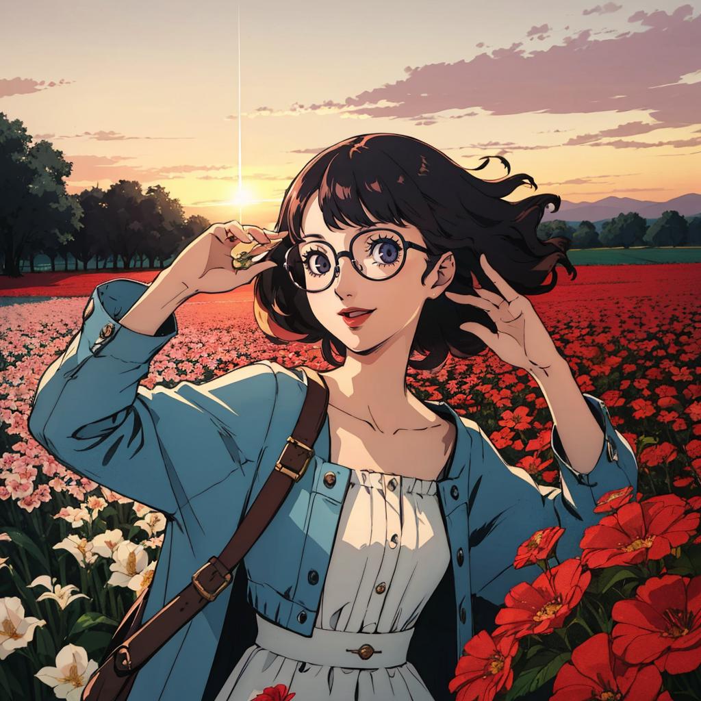 Anime girl in a field of flowers with a sunset in the background ...