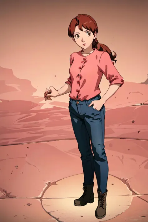 delia_ketchum,1girl,brown hair,standing,on hill,solo,pink shirt,buttons,blue jeans,ponytail,combat boots,facing viewer, <lora:Delia:0.81>