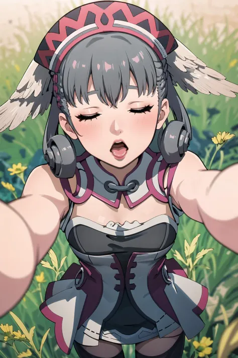 masterpiece, best quality, highly detailed, outside in grassland
<lora:Melia-XC-FC:1>1girl, solo, grey hair, (meliaxc), blush, mouth open moaning,medium-small breasts
<lora:concept-pov-kiss-v1:.8>pov, kiss, open mouth, standing, from above, hug, reaching out, half-closed eyes, face close to the camera,