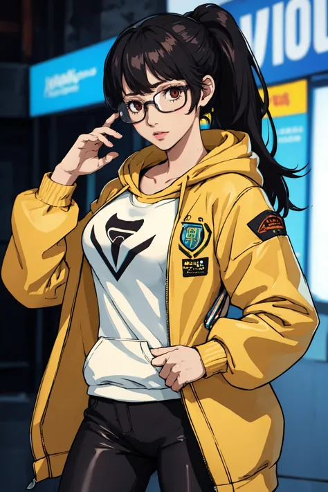 (best quality:1.2), (intricate details), (looking at viewer:1.5), large breasts, 25 years old girl, (Hispanic:1.3), (tan skin-dark:1.3), black hair,, hacker, hooded jacket, augmented reality glasses, tactical pants,, ponytail