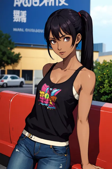 (best quality:1.2), (intricate details), (looking at viewer:1.5), flat cheat, 30 years old girl, African, (dark skin:1.5), black hair,, musician, tank top, jacket, jeans, band,, quad tails