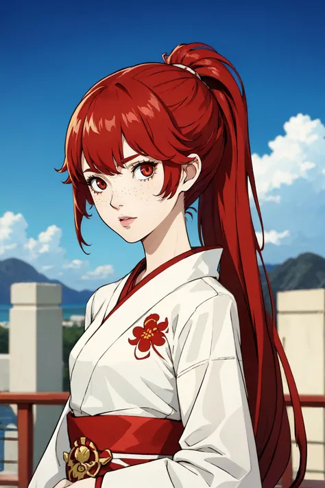 (best quality:1.2), (intricate details), (looking at viewer:1.5), flat cheat, 25 years old girl, pale skin, (freckles), scarlet red hair,, miko, miko kimono, split ponytail