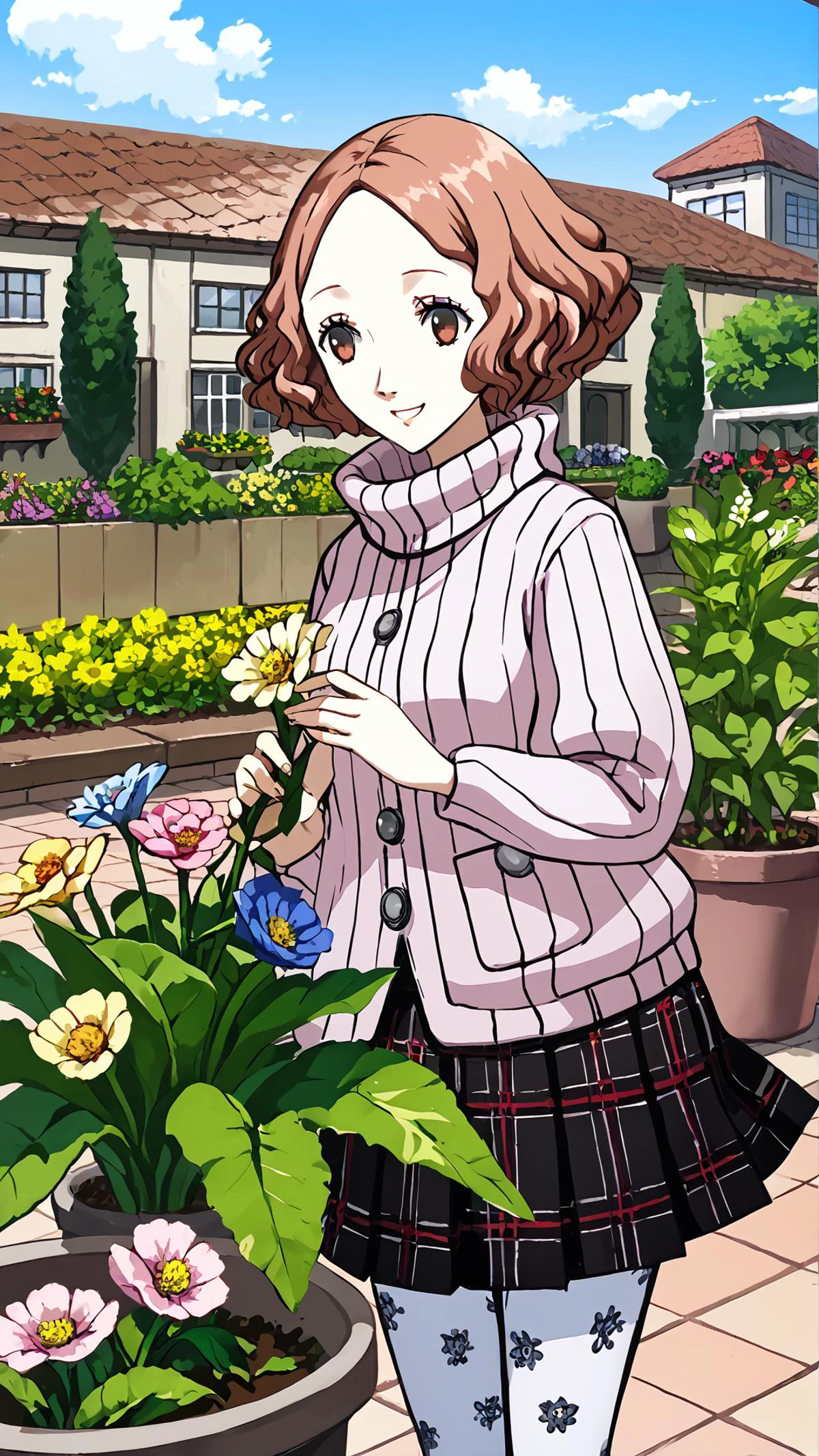 <lora:HaruP5-pdxl:0.7> defHaru, short hair, pink ribbed sweater, turtleneck sweater, short over long sleeves, plaid skirt, pleated skirt, print pantyhose, mary janes, garden, gardening, holding flower pot, outdoors, sunbeam, smile, rooftop, blue sky, skyline,, score 9, score 8 up, score 7 up, score 6 up, score 5 up, score 4 up,