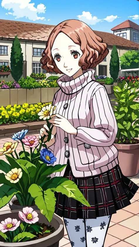 <lora:HaruP5-pdxl:0.7> defHaru, short hair, pink ribbed sweater, turtleneck sweater, short over long sleeves, plaid skirt, pleated skirt, print pantyhose, mary janes, garden, gardening, holding flower pot, outdoors, sunbeam, smile, rooftop, blue sky, skyline,, score 9, score 8 up, score 7 up, score 6 up, score 5 up, score 4 up,