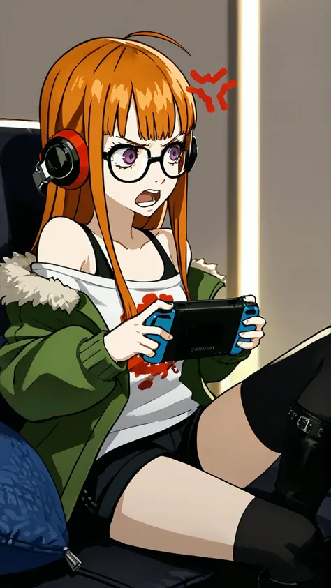 <lora:zs_FutabaXL:0.8> futabadef, orange hair, long hair, blunt bangs, glasses, ahoge, purple eyes, behind-the-head headphones, white shirt, green fur-trimmed jacket, off shoulder jacket, black shorts, black thighhighs, black knee boots, sitting, angry, open mouth, (game boy, holding game boy, gameing:1.25), living room,, score 9, score 8 up, score 7 up, score 6 up, score 5 up, score 4 up,