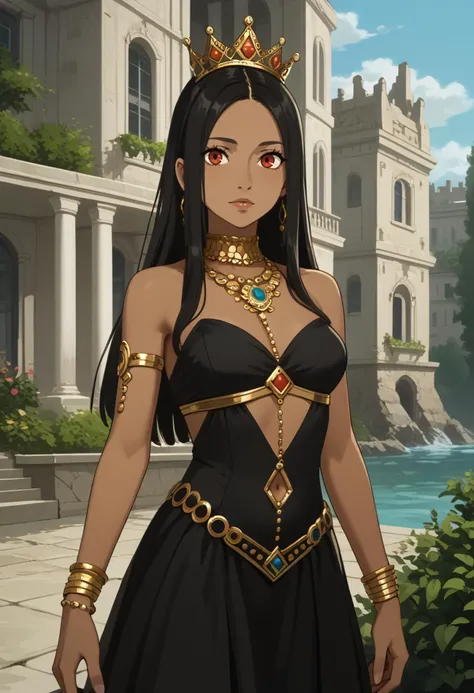 score_9,score_8_up,score_7_up,score_6_up,score_5_up,score_4_up, BREAK, 1girl, solo, (looking at viewer), scenery, outdoors, dark-skinned female, queen, Crown, regal gown, jewelry, accessories,