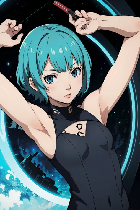 (best quality:1.2), 1girl, (close up, arms up, :<, aqua hair, very short hair, curly hair, okappa, flat_chest, space station),