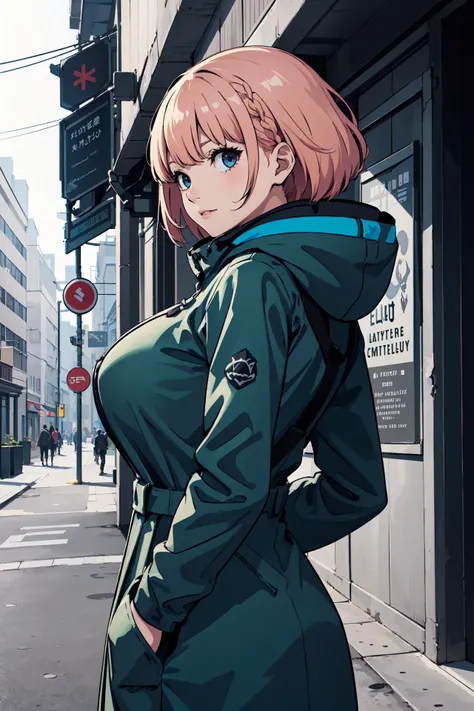 (best quality:1.2), 1girl, (sideways, arms behind back, Parka, grimace, alternate hair color, very short hair, multiple braids, huge_breasts, path),