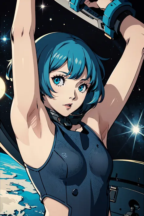 (best quality:1.2), 1girl, (close up, arms up, :<, aqua hair, very short hair, curly hair, okappa, flat_chest, space station),