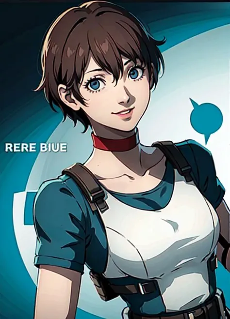 high quality, hd, rebecca_chambers, 1girl, blue background, hair between eyes, (re1costume), highres, smiling, shaded face, short hair, solo, upper body, brown hair <lora:rebeccaChambers_v20:0.8>