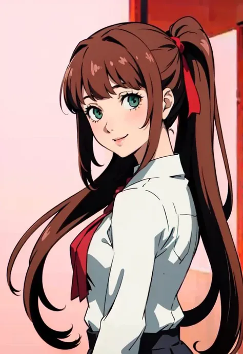 high quality, hd, monikaddlc, 1girl, green eyes, school uniform, long hair, solo, brown hair, classroom, smile, ponytail, looking at viewer, red ribbon, indoors, blush, very long hair, hair ribbon, pink background, highres, shaded face, solo, upper body, <lora:monikaDDLCLora_10:0.5>