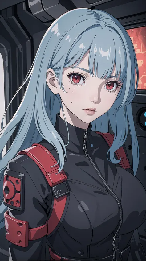 masterpiece, best quality, 1woman, portrait, mature, tall girl, portrait, close up, blue puffy curly hair, (light blue hair:1), straight bangs, pale skin, (red eyes:1), moles, detailed face, eyeshadows, (black jumpsuit with protective inserts, gloves with metal linings for protection in combat), background space station, space, corridor ship