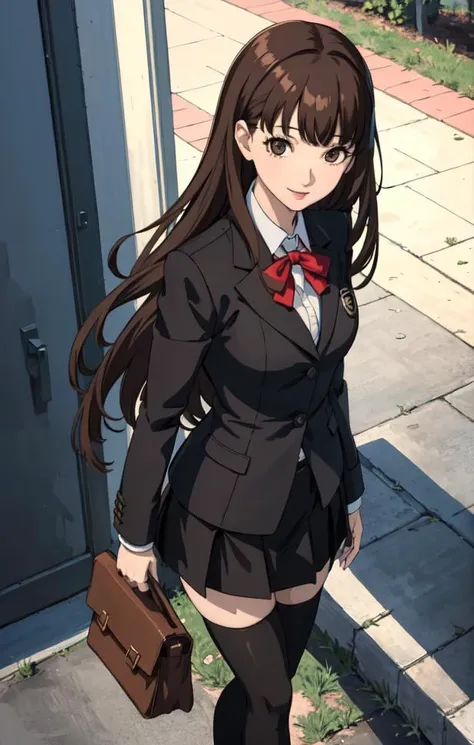 ((masterpiece)), (best quality), (ultra-detailed), 1girl beautiful mature+ woman, school uniform, shuujin academy uniform, blazer, skirt, 1handbag, thighhighs, detailed face, half body, illustration, summer, (brown hair with bangs)+ (long hair), messy hair, ultra high res, looking at viewer, smile, outside, sun, standing, cowboy shot