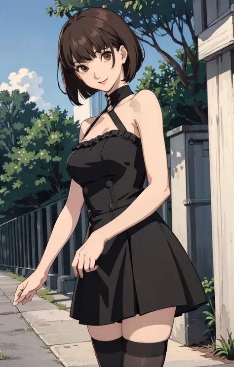 ((masterpiece)), (best quality), (ultra-detailed), 1girl beautiful mature+ woman, (short black dress:1.2), thighhighs, detailed face, half body, illustration, summer, (brown hair with bangs)+ (short bob hair), messy hair, ultra high res, looking at viewer, smile, outside, sun, standing, cowboy shot