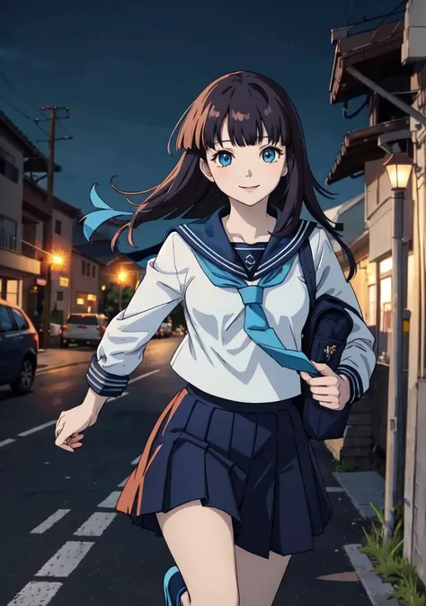 1girl, (((long hair with bangs:1.25))), pale blue eyes, small breasts, school uniform, dark blue sailor collar, (dark blue very long sailor skirt:1.15), (((pale blue sailor ribbon tie:1.25))), dark blue socks, black shoes, school bag, running, best quality, high resolution, extremely detailed, professional, illustration, trending on pixiv, masterpiece, cinematic lighting, morning, countryside, smile, anime style,