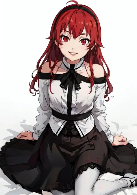 1girl, eris greyrat, red hair, red eyes, white collar shirt with free shoulders and black lace, long black skirt, white pantyhose, black shoes pov, arms on hips, smile, greyrat mansion detailed background, <lora:erisGreyratYoungLORA_eris:0.8>