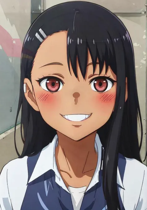 ayase nagatoro, black hair, blush, cute eyes, cute, school uniform, smile, detailed background, anime art style, <lora:nagatorolora_:0.8>