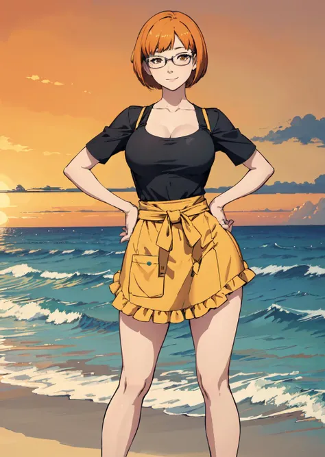 masterpiece, best quality, best artist, 4k wallpaper, 1girl, short hair, bob cut, glasses, Honey hair, orange eyes, Apron , sexy, (happy:1.4), (standing with hands on hips:1.5), ocean bottom, seductive, large breasts, wide hips, thick thighs, skindentation, looking at viewer, solo