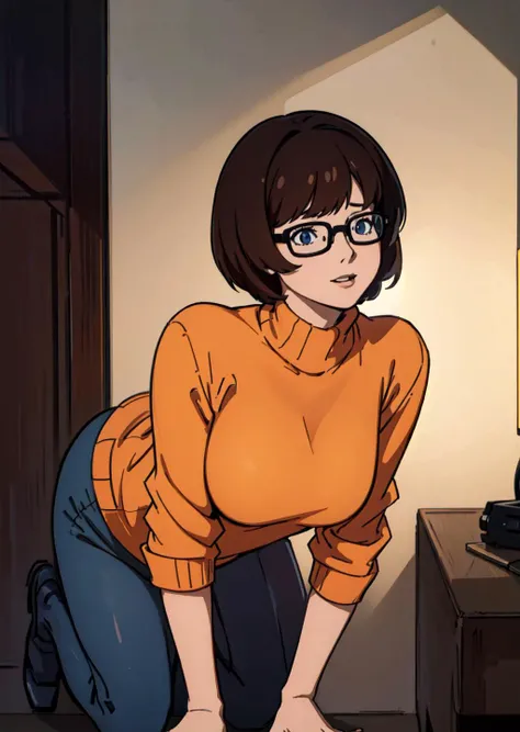 masterpiece, (volumetric lighting:1.5), (atmospheric:1.5), best quality, best artist, 4k wallpaper, 1girl, velma, glasses, orange sweater, happy, large breasts, looking_at_viewer, solo, on all fours, <lora:oldSchoolVelma_1:0.45>