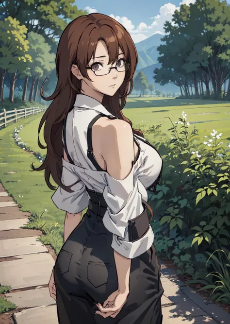 arm, masterpiece, best quality, best artist, 4k wallpaper, 1girl, moekakiryu, glasses, (happy:1.4), (turned away but looking back over her shoulder:1.5), on a farm, seductive, large breasts, wide hips, thick thighs, skindentation, looking at viewer, solo,  <lora:moekaKiryuSteinsGate_v10:0.8>