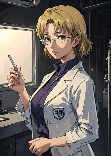 masterpiece,  (volumetric lighting:1.5), (atmospheric:1.5), best quality, best artist, 4k wallpaper, 1girl, ritsuko, lab coat, blonde hair, glasses, happy, large breasts, looking at viewer, solo, showing indifference, soccer field <lora:ritsukoAkagi_v10:0.5>