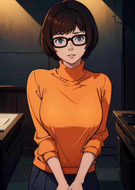 masterpiece, (volumetric lighting:1.5), (atmospheric:1.5), best quality, best artist, 4k wallpaper, 1girl, velma, glasses, orange sweater, happy, large breasts, looking_at_viewer, solo, showing indifference, <lora:oldSchoolVelma_1:0.45>