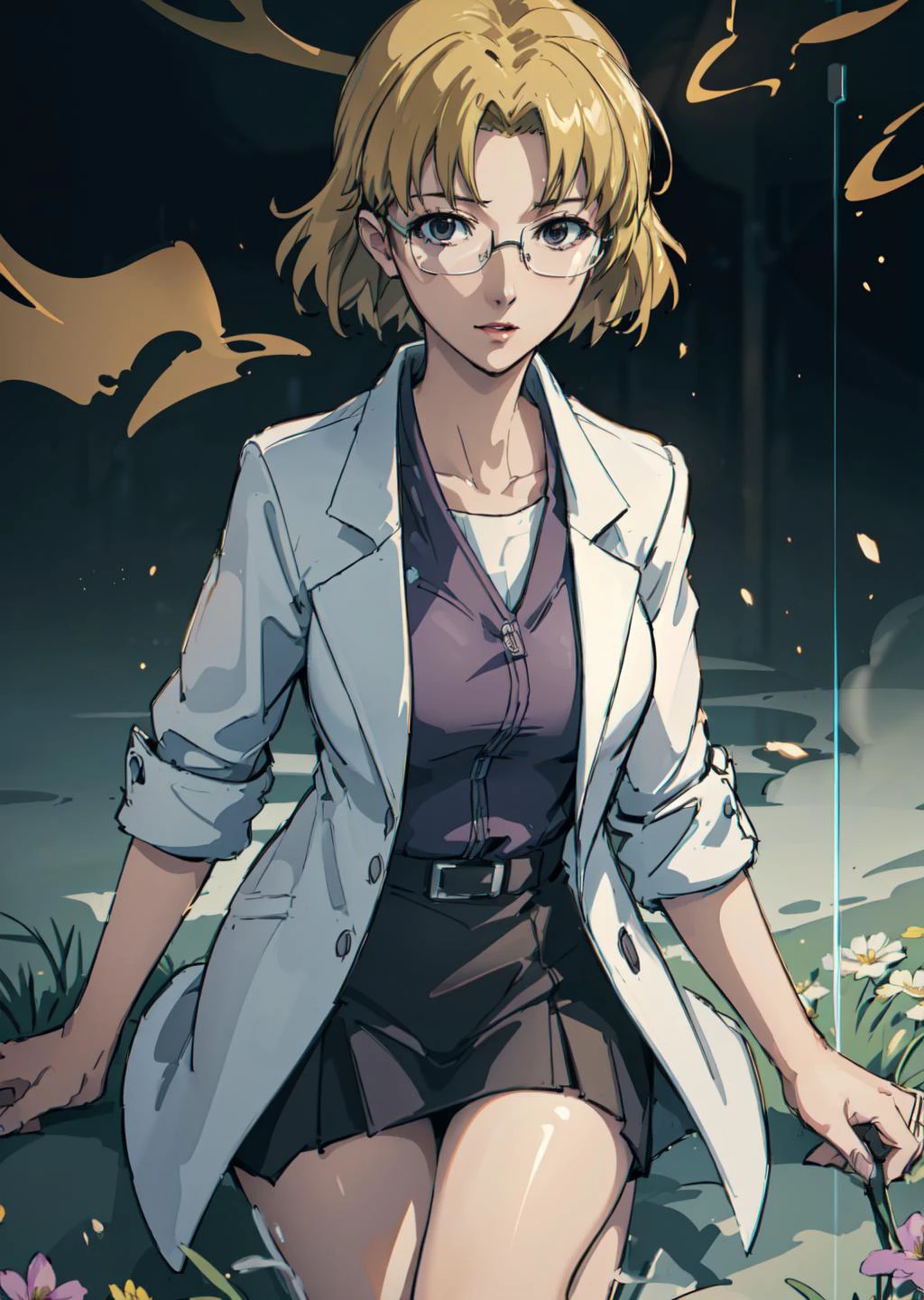 masterpiece, (volumetric lighting:1.5), (atmospheric:1.5), best quality, best artist, 4k wallpaper, 1girl, ritsuko, lab coat, blonde hair, glasses, happy, large breasts, looking at viewer, solo, crawling, flower field <lora:ritsukoAkagi_v10:0.5>