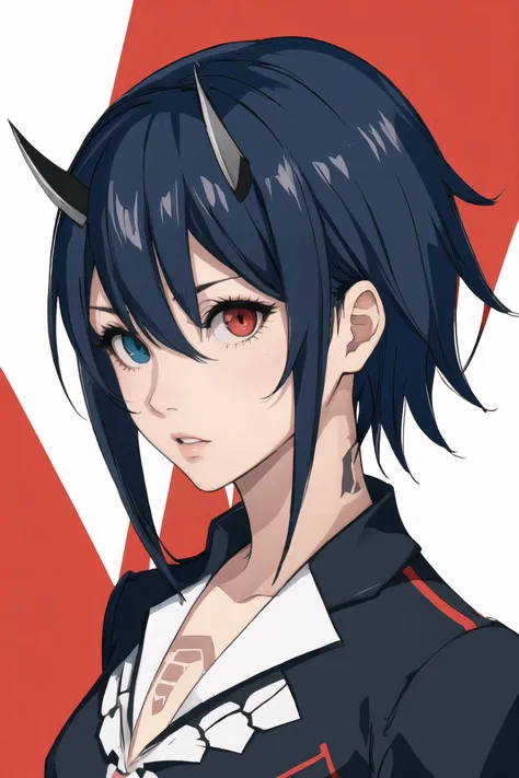 highest quality, masterpiece, (ultra-detailed),
<lora:Character - Io (PSO2) v1:1>, (IoPSO2), (heterochromia:1.4), blue eyes, beautiful lips, red eyes, short hair, tattoo, (2 horns:1.2), IoBase, tsundere, uniform, black shirt, portrait, solo, 1girl, white and red background, multi-colored background, two colored background, blue background, red background, white background,