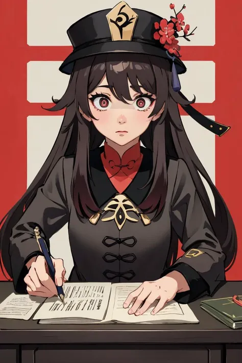 Highly detailed, High Quality, masterpiece, perfect ligthing, <lora:constricted_pupils_v0.2a:1> wide-eyed, constricted pupils, embarrassed,<lora:hutao1:0.7> hutaodef, while writing