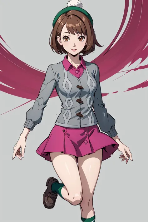 masterpiece, best quality, highres, gloria1, 1girl, gloria \(pokemon\), brown hair, solo, brown eyes, tam o' shanter, grey cardigan, pink dress, short hair, green socks, socks, bob cut, bangs, long sleeves, collared dress, <lora:gloria_(pokemon)_v1:0.6>, thighs, breasts, smile, mature female