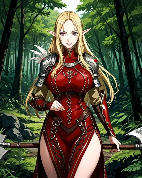 curvy, big breasts, thick thighs, an elf warrior in a lush forest setting, long, flowing blonde hair adorned with beads and feathers, and pointed ears, Her skin is fair, and she wears intricately designed armor with leather and metal elements, featuring detailed patterns, Her arms and face are marked with red war paint, She holds a large, ornate axe with a red and silver blade, resting it on her shoulder, dense forest with green foliage, rocks, and a flowing stream, creating a mystical and adventurous atmosphere, score_9, score_8_up,