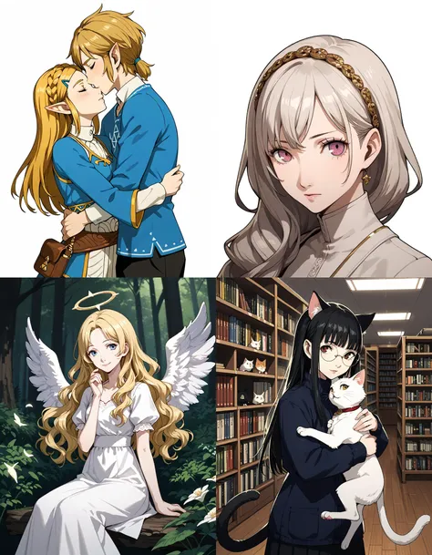 https://civitai.com/articles/5300 ___ All images: score_9, score_8_up, score_7_up ___ 1st image: 1girl, 1boy, Princess_Zelda, \(The_Legend_of_Zelda:_Breath_of_the_Wild\), standing, kiss, hug, closed_eyes ___ 2nd image: 1girl, lovely face, portrait, close-up, looking_at_viewer, closed_mouth ___ 3rd image: 1girl, solo, blonde_hair, wavy_hair, angel, angel_wings, halo, smile, sitting, forest, white_dress ___ 4th Image: 1girl, solo, long_hair, black_hair, blunt_bangs, straight_hair, round_eyewear, cat_girl, cat_ears, cat_tail, standing, hug cat, looking_at_viewer, library