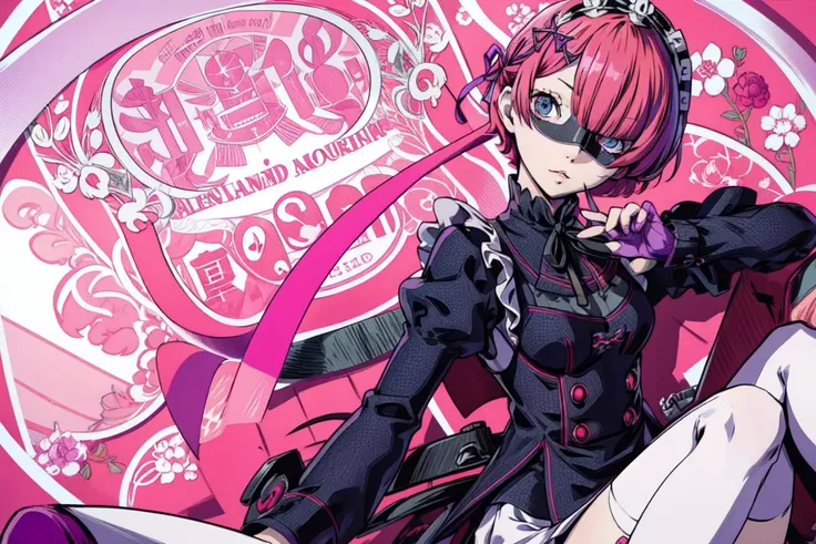 ((best quality)), ((highly detailed)), masterpiece, absurdres, extremely detailed face, beautiful face, (detailed eyes, deep blue eyes), (perfect lighting),
BREAK
(1 girl), (pink hair), (red eyes)(x hair ornament), (maid uniform)
BREAK
(<lora:Persona5Cruncher:0.8>, PersonaCruncher, mask, upper body, solo <lora:ram_(re_zero):0.8> aaram,short hair,hair over one eye, bangs, hair ribbon, purple ribbon, small breasts, roswaal mansion maid uniform, maid, neck ribbon, detached sleeves, black maid uniform, long sleeves,(apron:1.2) <lora:more_details:0.5>