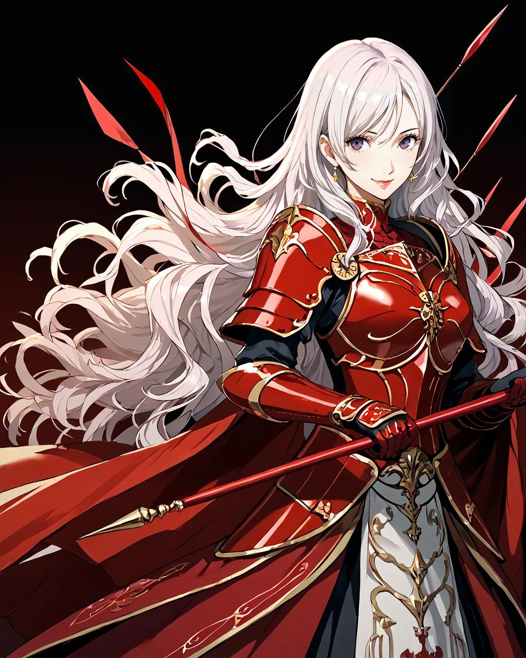 female oriental knight, flowing loose hair, red plated armour, holding a spear with a heraldic pennant riding a large warhorse, silhouetted, score_9, score_8_up,
