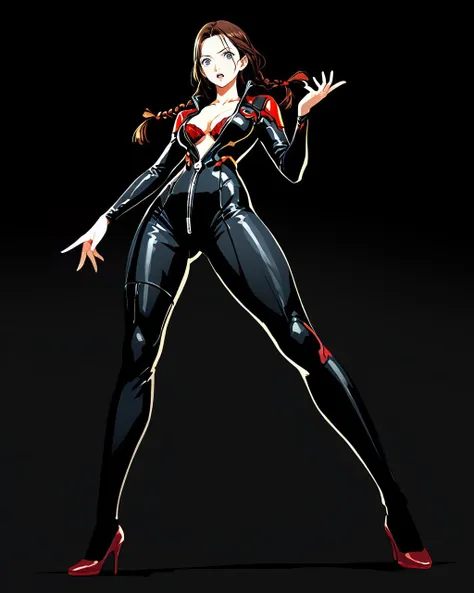 golden_brown and crimson_color color theme, Single woman, curvy, Cyberpunk city, standing, From below, brunette hair, twin_braids, leather suit, cleavage, unzipped suit, seductive, High heels, Model pose, Dynamic pose, Simple background, Neon lights, score_9, score_8_up,