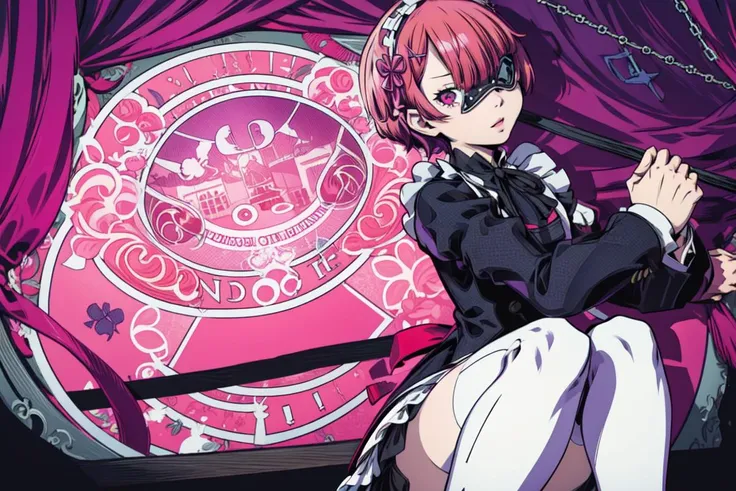 ((best quality)), ((highly detailed)), masterpiece, absurdres, extremely detailed face, beautiful face, (detailed eyes, deep blue eyes), (perfect lighting),
BREAK
(1 girl), (pink hair), (red eyes)(x hair ornament), (maid uniform)
BREAK
(<lora:Persona5Cruncher:0.8>, PersonaCruncher, mask, upper body, solo <lora:ram_(re_zero):0.8> aaram,short hair,hair over one eye, bangs, hair ribbon, purple ribbon, small breasts, roswaal mansion maid uniform, maid, neck ribbon, detached sleeves, black maid uniform, long sleeves,(apron:1.2) <lora:more_details:0.5>
