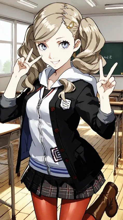 <lora:AnnP5-pdxl:0.8> defAnn, twintails, hairclip, school uniform, black jacket, open jacket, white hoodie, plaid skirt, red pantyhose, brown boots, solo, smile, v, school, classroom,, score 9, score 8 up, score 7 up, score 6 up, score 5 up, score 4 up,
